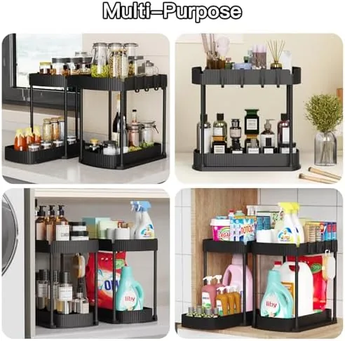The pull-out tray beside a two tier shelf and a wire sliding basket