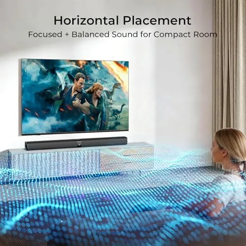 The sound bar connected to a TV over HDMI ARC and displaying a show