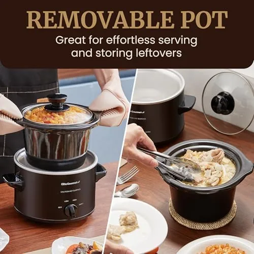 The 1.5 quart cooker sitting next to a full sized 6 quart slow cooker for scale