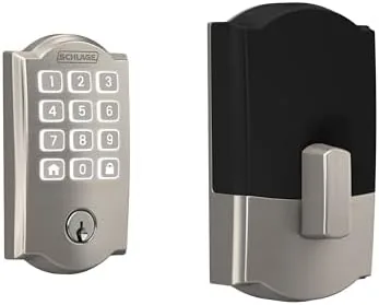 The Schlage Arrive deadbolt in satin nickel installed on a front door