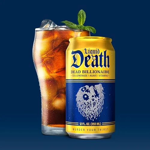 The Dead Billionaire can beside a glass with a slice of lemon on the table