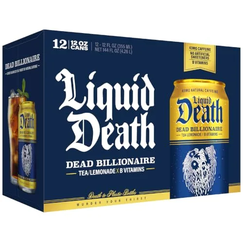 The Dead Billionaire can next to a bottled sweet tea and a standard canned tea
