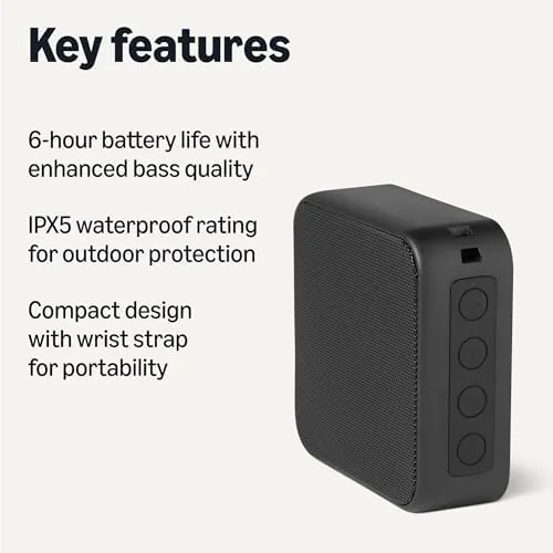 Close up of the top controls and fabric finish on the Amazon Basics speaker