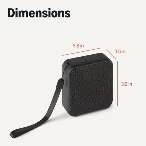 The Amazon Basics speaker sitting between a mini speaker and a larger brand speaker