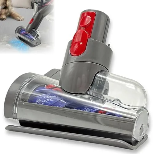 The mini motorized brush head clipped onto a Dyson vacuum wand