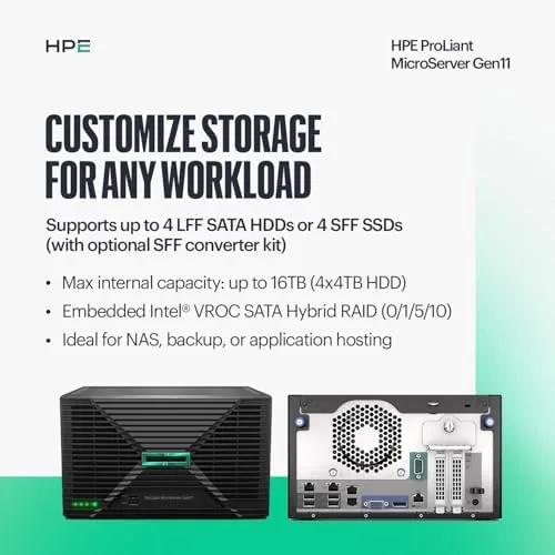 The MicroServer beside a business desktop and a small rack server