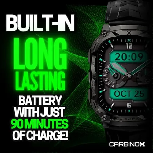 Detail shot of the CARBINOX Vortex Smart Watch with with 6 Pack Bands 22 features
