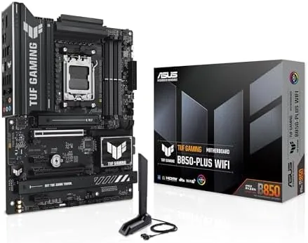 The ASUS TUF Gaming B850-PLUS board with its dark military styling