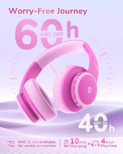 Detail shot of the iClever BTH26 Active Noise Cancelling Headphones for Kids, 60H Playtime features