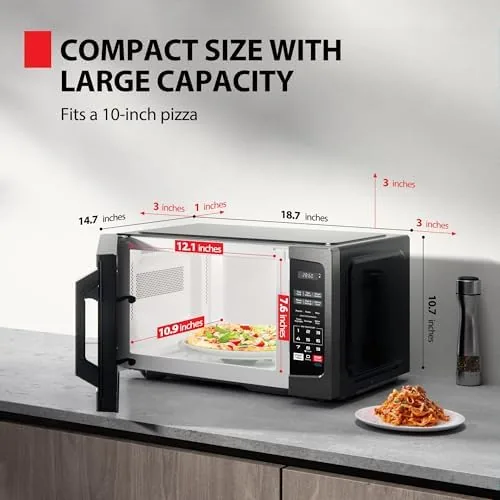 The black stainless steel door and control panel of the Toshiba microwave