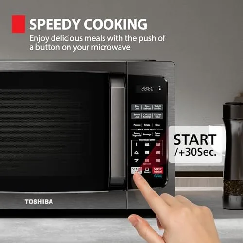 The Toshiba microwave next to a budget 700 watt unit for comparison