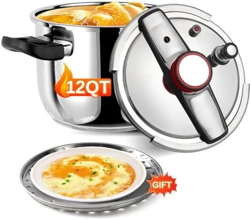 The 12 quart stainless steel pressure canner on a kitchen stovetop
