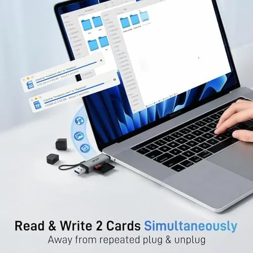 Card reader connected to a MacBook with an SD card inserted