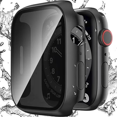 The waterproof privacy case installed on a 46mm Apple Watch showing the dark anti-peep screen