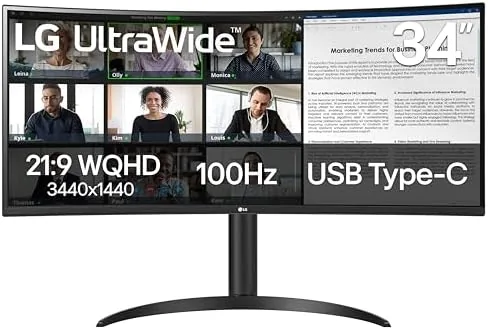 The LG 34WR55QK-B curved ultrawide monitor on a clean desk setup