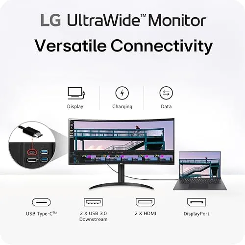 The ultrawide monitor beside a standard 27-inch display for scale comparison