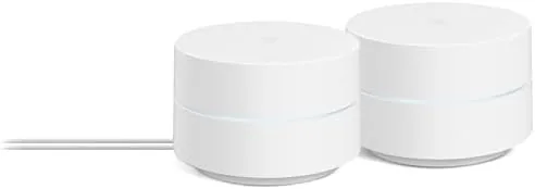 Two white Google WiFi points placed in different rooms of a home