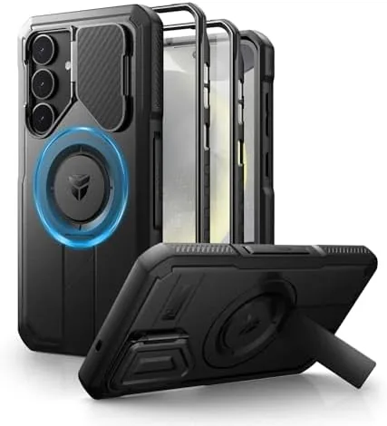 The Dexnor rugged case mounted on a Galaxy S25 Plus showing the black armored body