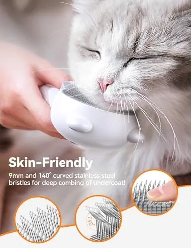 Cat being brushed gently with the steam brush