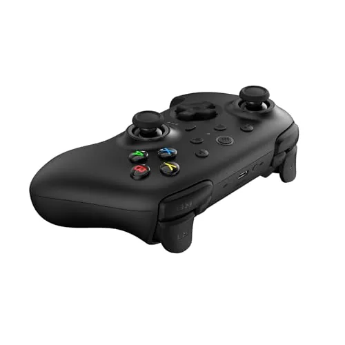 A player using the controller in a fast paced first person shooter on a PC monitor