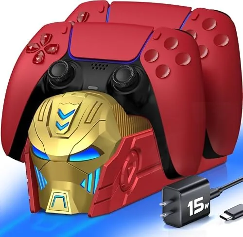 The PS5 dual controller charger station with two DualSense pads seated in it