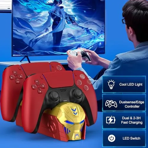 Two controllers in the dock, one showing the green full charge light and one charging amber