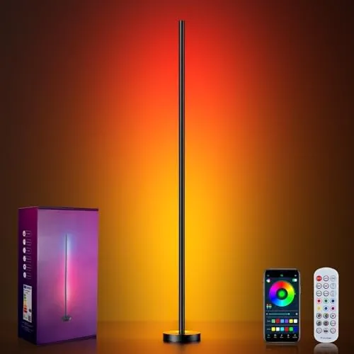 The smart corner floor lamp glowing in a living room corner with a gradient of colors