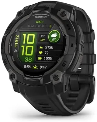 Garmin Instinct 3 AMOLED 45mm black on a wrist against an outdoor background