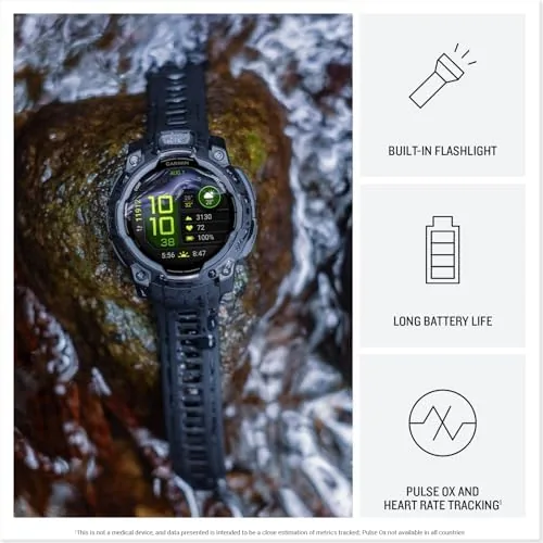 The AMOLED display showing a heart rate and activity screen