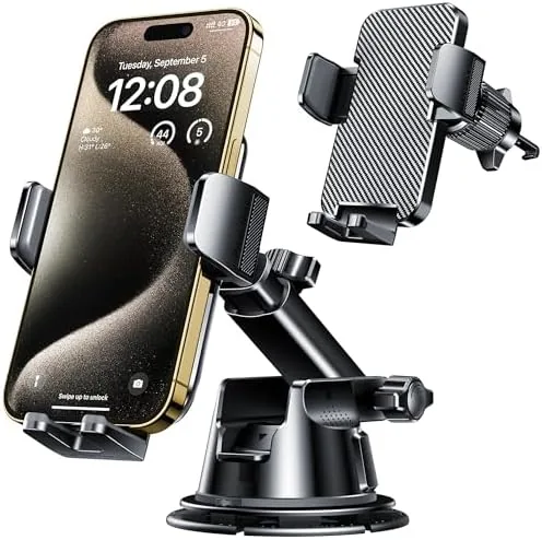 Qifutan phone holder kit with windshield, dash, vent, and desk parts spread out