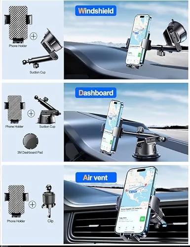 The mount clipped to a car air vent with a phone in portrait