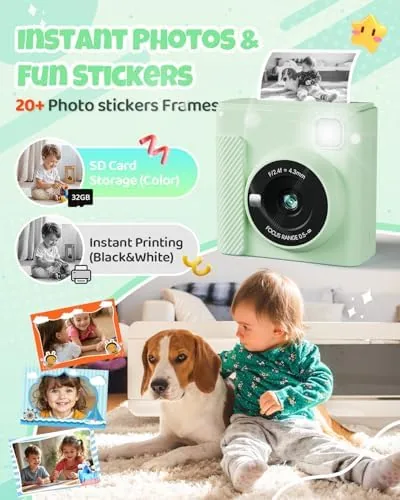 A printed monochrome photo emerging from the bottom slot of the kids camera