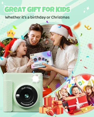 Colorful printed photos decorated with pens laid out on a table with the kids camera
