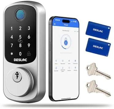 The silver DESLOC B200 smart deadbolt lock mounted on a front door