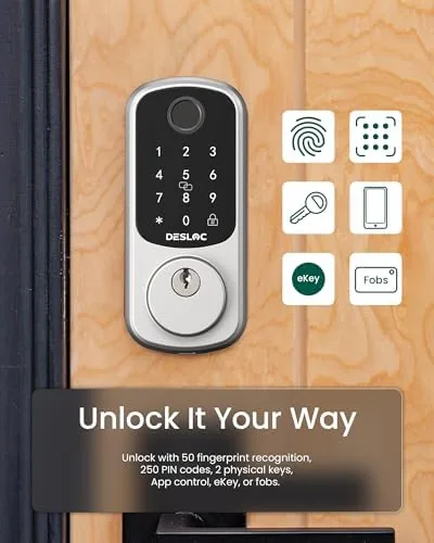 Close up of the DESLOC B200 touchscreen keypad and fingerprint sensor