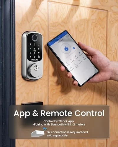 A hand unlocking the DESLOC B200 with a fingerprint at the door