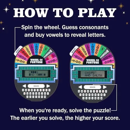 The Wheel of Fortune handheld game showing a puzzle board on the display