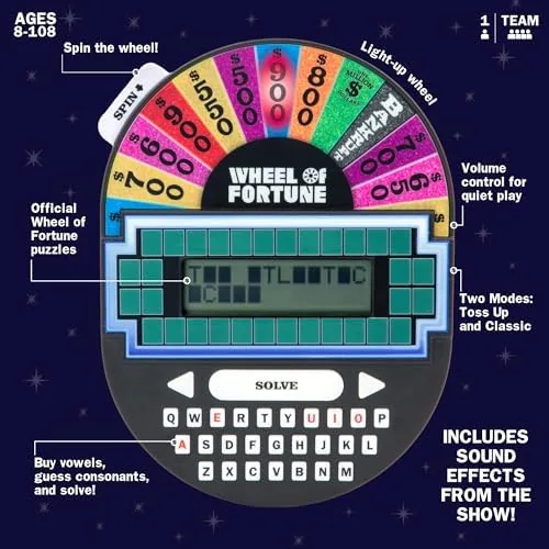 Kids playing the Wheel of Fortune handheld game together in a car