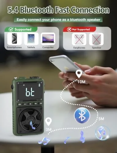 Detail shot of the Bluetooth AM FM Shortwave Radio with NOAA Weather Alert,1250mAh Rechargeable features