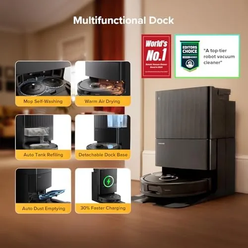The Qrevo S5V dock with the mop washing station and dust bag compartment