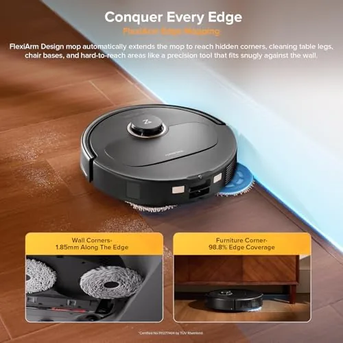 The Qrevo S5V mop reaching the edge of a baseboard during a mopping run