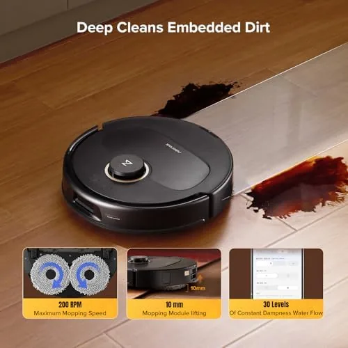 The Qrevo S5V vacuuming a living room with pet hair on the floor