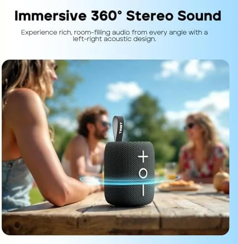 Detail shot of the Tribit StormBox Mini+ Portable Bluetooth Speaker, 12W, 360° Sound, Green features