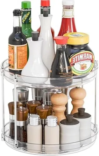 Two tier lazy susan turntable on a kitchen countertop