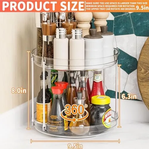 Spice jars arranged on both tiers of the lazy susan