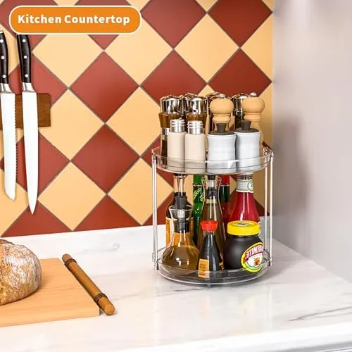 Condiment bottles on the lower tier of the turntable