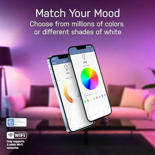 The Feit smart bulb app showing color wheel, brightness, and scenes on a phone