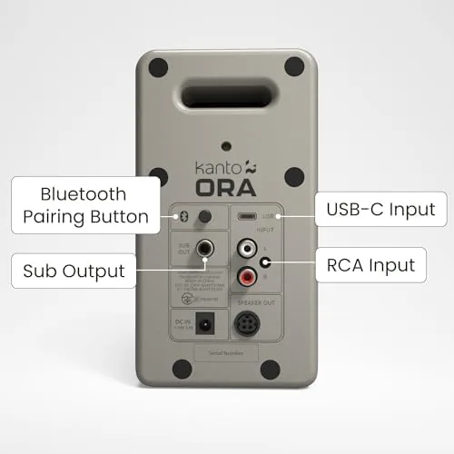 Detail shot of the Kanto ORAME 100W Powered Reference Desktop Computer Speakers with Bluetooth features