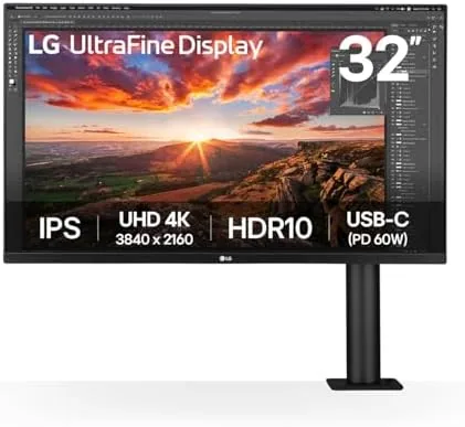 LG 32UN880K-B monitor on its Ergo arm above a home office desk