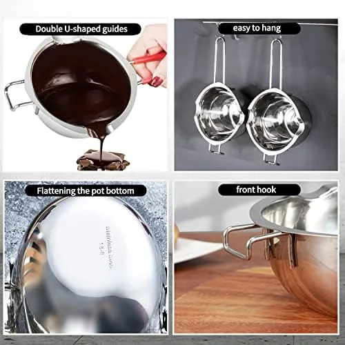 Melted chocolate being poured from the double boiler pot into a candy mold